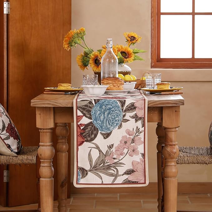 bilin gaier Linen Floral Table Runner 87 Inches Long,Vintage Rustic Farmhouse Blue and Red Flower Table Runners,Table Decoration for Coffee & Dining Table Home Party Kitchen.12 x87-Burgundyred