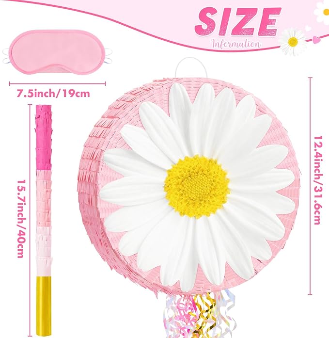 WERNNSAI Daisy Flower Piñata - Daisy Party Game Pink Flower Piñata for Girls Birthday Party Decorations Spring Party Favor Baby Shower Celebration Supply with Bat Blindfold