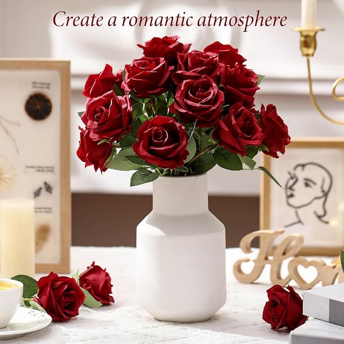 Hotop 20 Pcs Artificial Rose Flowers with Long Stem, Real Lifelike Silk Realistic Plastic Bouquet Roses Bulk for Home Decor Bridal Wedding Party Table Centerpieces Decorations(Wine Red)