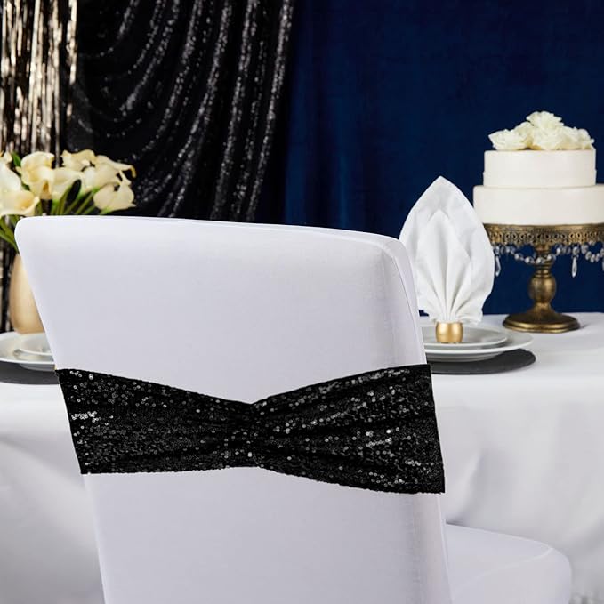 SquarePie Pack of 20 Sequin Chair Sashes Glitter Black Bows Bands for Wedding Banquet Party Decor