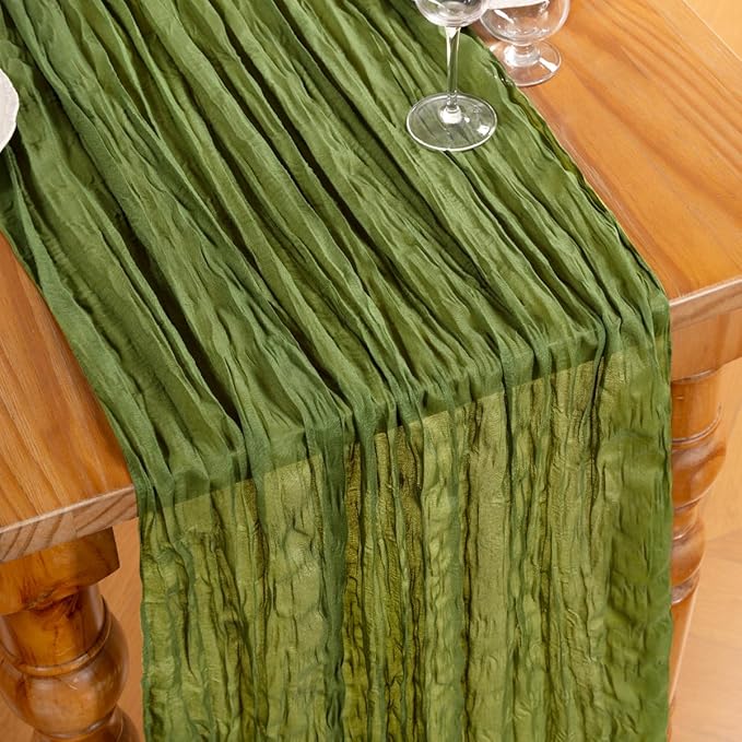 DeZerlor Olive Green Cheesecloth Table Runner Spring Easter Table Runner Boho Gauze 120 Inches Green Cheese Cloth Table Decora for Wedding Bridal Baby Shower Parties