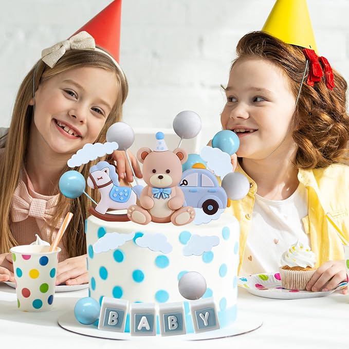 Blue Bear Cake Decoration Teddy Bear Blue White Balls Cake Topper Baby Shower Birthday Cake Decoration for Birthday Party Decorations