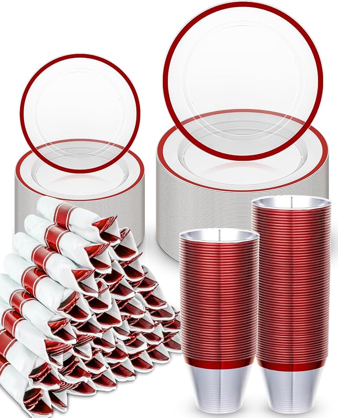 BESTVIP 350PCS Disposable Clear Red Dinnerware Sets for 50 Guests, Plastic Plates for Party, 100 Plastic Plates, 50 Cups, 50 Pre-Rolled Napkins with Cutlery for Parties, Christmas, Wedding