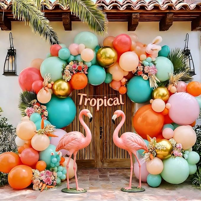Pastel Balloon Arch Garland Kit Double Stuffed Pink Orange Teal Blue Green Balloons Light Baby Pink Peach Gold Colorflul Balloon for Tropical Flamingo Hawaiian Birthday Baby Shower Party Decorations