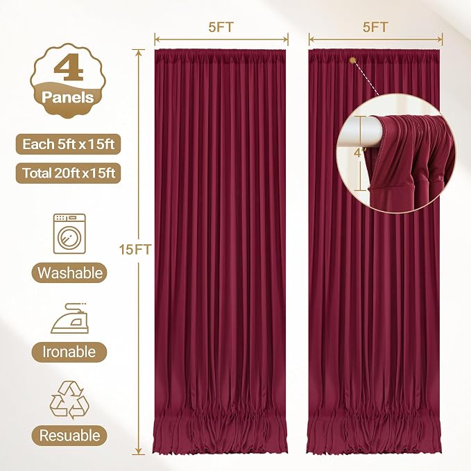 20ft x 15ft Burgundy Backdrop Curtain Panels for Weddings - Wrinkle-Free Polyester Photo Drapes for Birthday Party, Photography Background, Stage Decor