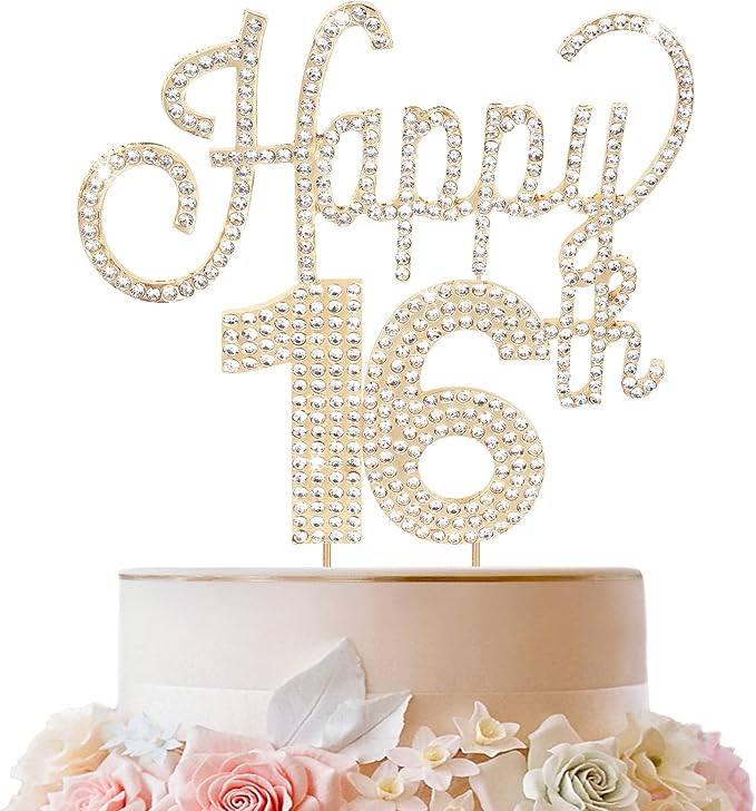 LINGTEER Happy 16th Birthday Gold Rhinestone Cake Topper - Cheers to 16th Birthday Sixteen Years Old Party Cake Centerpieces Topper Decorations Gift Sign.