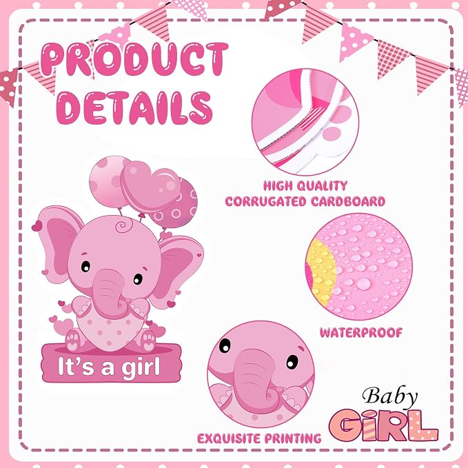 12 Pcs Baby Shower Yard Sign with Stake Gender Reveal Yard Sign Pink Stork Elephant Lawn Decoration Its a Girl Lawn Decor Welcome Baby Girl Announcement Decor for Outdoor Gender Reveal Party