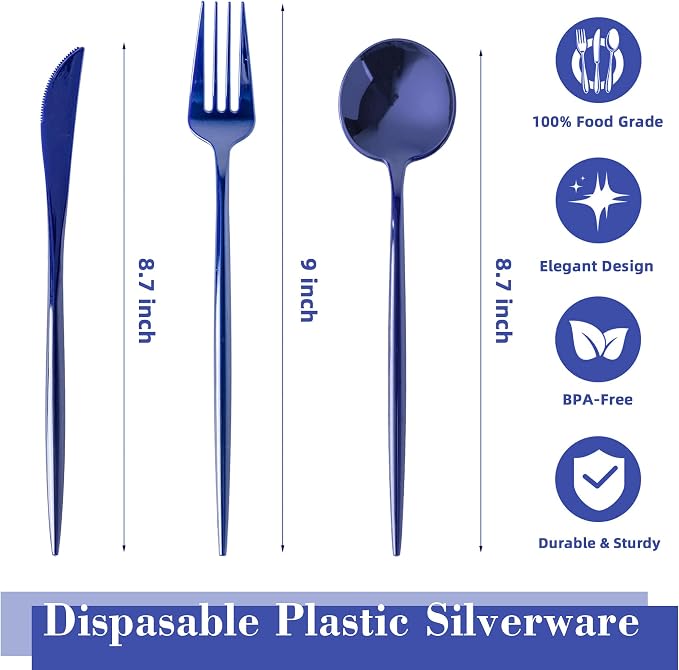 180PCS Blue Plastic Silverware,Heavy Duty Disposable Utensils Include 60 Forks,60 Spoons and 60 Knives,Blue Cutlery Plastic Silverware Sets for Party, Wedding or Daily Using