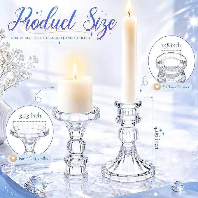 Sieral 24 Pcs Clear Taper Candle Holders 4'' Tall Candlestick Glass Holders Bulk Stripe Decorative Stand Wedding Stick Holder for Anniversary Party Dining Table Festival Decor