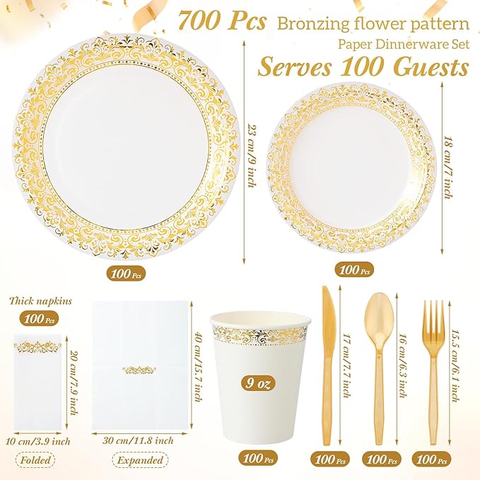 Didaey 700 Pcs Disposable Dinnerware Set for 100 Guests Include 200 Paper Plates, 300 Plastic Silverware, 100 Paper Cups, 100 Napkins for Wedding Birthday Party Supplies (White Gold Pattern)
