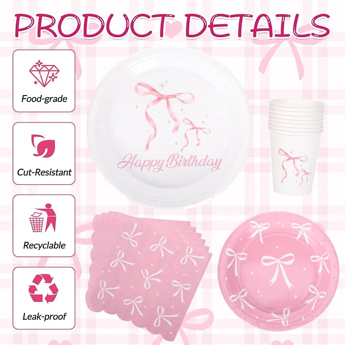 194 Pcs Pink Bow Party Decorations Coquette Birthday Decorations Bow Paper Plates Napkins Cups Forks Tablecloth Banner Bow Theme Tableware Serve 24