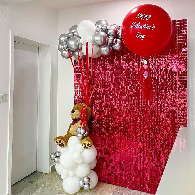 COKAOBE Red Shimmer Wall Backdrop, 24PCS Square Sequin Shimmer Backdrop Panel, Photo Backdrops for Birthday, Anniversary, Wedding, Graduation & Bachelorette Party Decoration