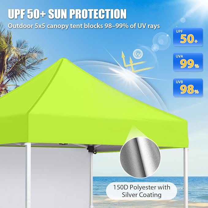 EAGLE PEAK Pop up Canopy 5x5, Outdoor Portable Canopy Tent with One Removable Sunwall, Carry Bag Included, Neon Green