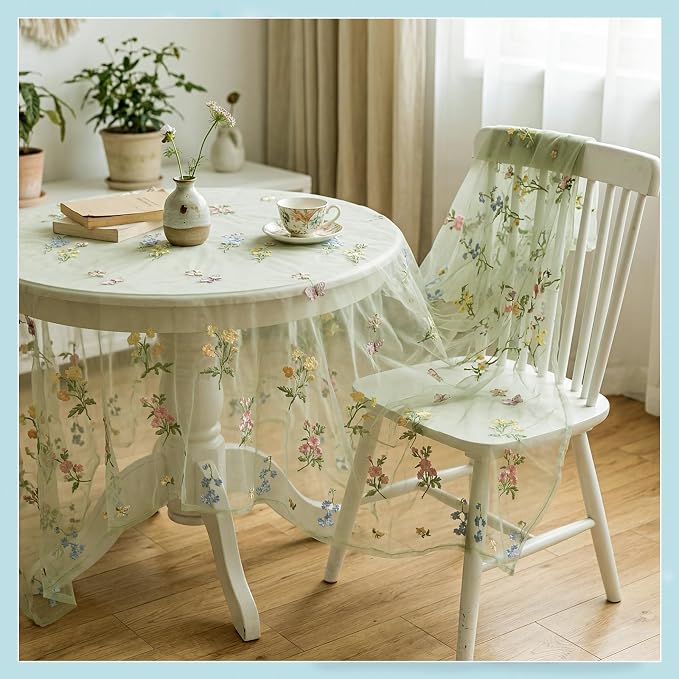 Lounsweer 3 Pcs Sage Green Wildflower Table Runner 10ft Embroidery Tulle Spring Floral Table Runner Seasonal Summer Butterfly Kitchen Dining Gauze Decoration for Wedding Baby Shower Birthday Party