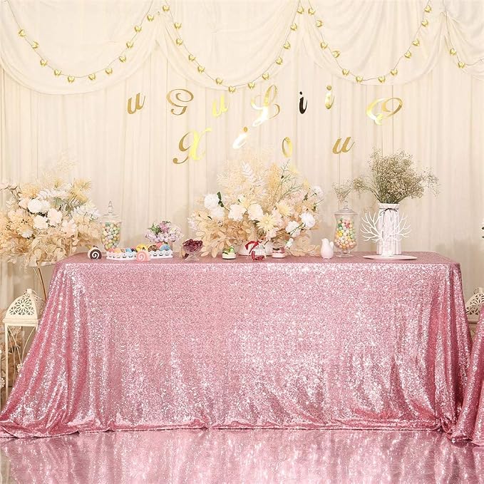 Eternal Beauty Fuchsia Pink Tablecloth, 90x132 Inch Sequin Rectangle Table Cover for Valentines Cake Dessert Exhibition Party Birthday Events