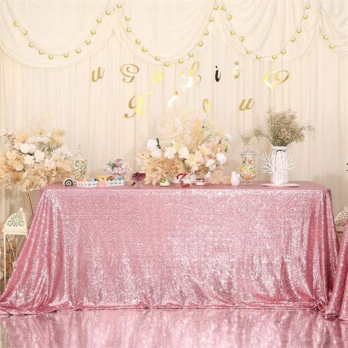 Eternal Beauty Fuchsia Pink Tablecloth, 90x156 Inch Sequin Rectangle Table Cover for Valentines Cake Dessert Exhibition Party Birthday Events