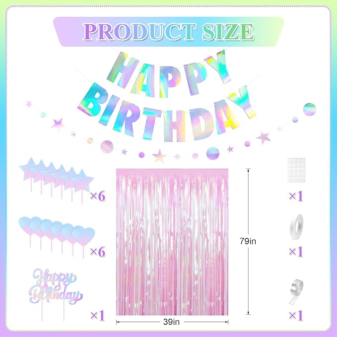 Mermaid Birthday Decorations for Girls Women, Iridescent Birthday Party Decorations, Happy birthday Banner, Pastel Balloons, Fringe Curtains, Star Garland, Cake Toppers for Under the Sea Party Decor