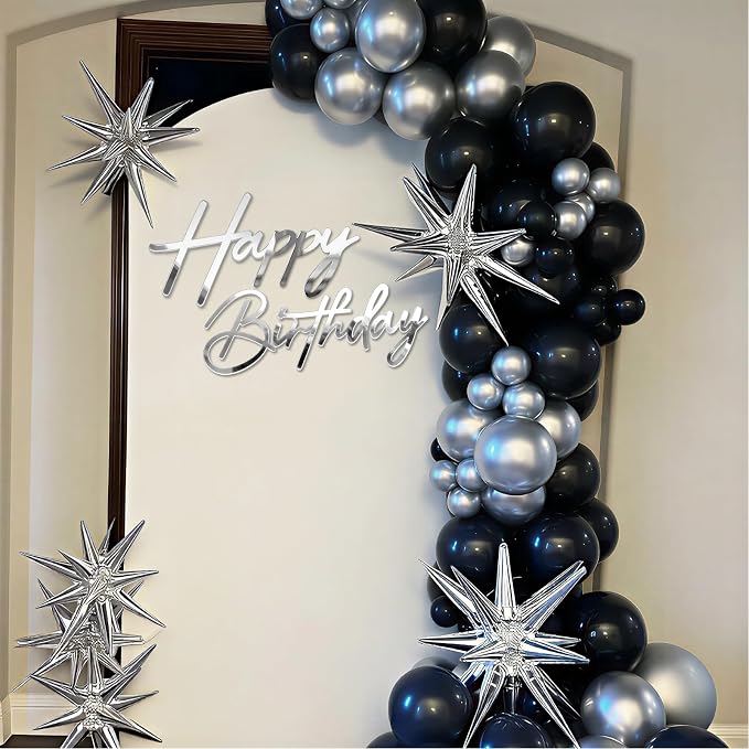 Happy Birthday Sign for Backdrop - Large Acrylic 'Happy Birthday' Mirror Sticker Sign for Birthday Balloon Arch Backdrop Party Wall Decor - Silver