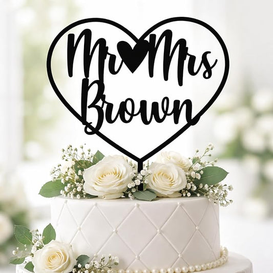 Personalized Mr. & Mrs. Wedding Cake Topper – Custom Bride & Groom Cake Decoration – Elegant Wedding Décor, Anniversary, Engagement Party (Design 6 (IP111), Black Acrylic)
