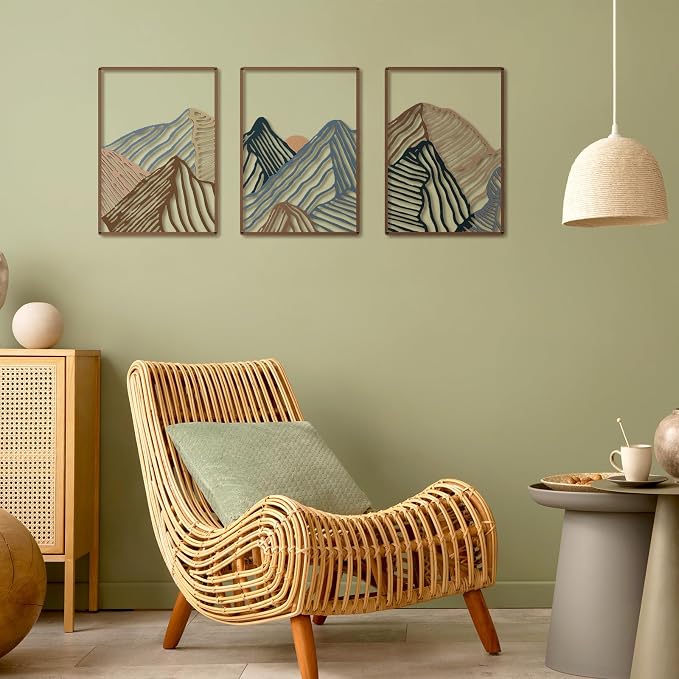Peryiter 3 Pcs Metal Wall Art Decor Landscape Mountain Wall Hanging Decor for Living Room Abstract Minimalist Modern Mountain Line Pictures Bathroom Office Home Gifts Indoor(Vibrant Colors)