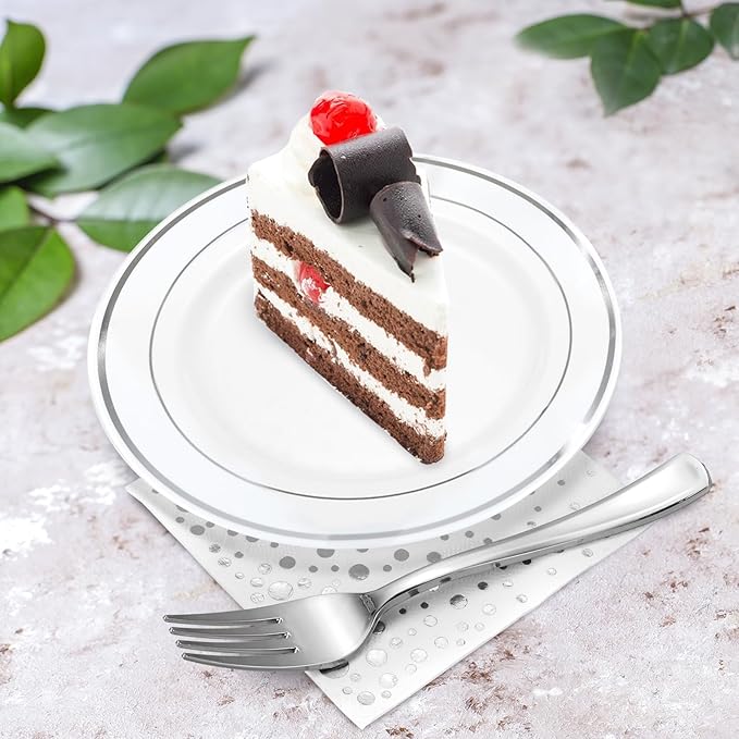 Stylish 7.5 Inch White and Silver Plastic Plates, Disposable Forks, Cups and Cocktail Napkins (100 Set), Silver Dessert Plates, Small Appetizer Plates, Disposable Cake Plates for Wedding Reception