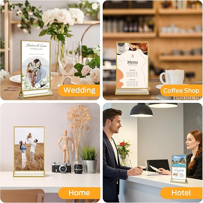 Smarpau 4x6 Gold Acrylic Sign Holder Table Number Holders 8 Pack Vertical Double Sided Clear Picture Frames for Wedding Flyer Display Stands Table Menu Holders