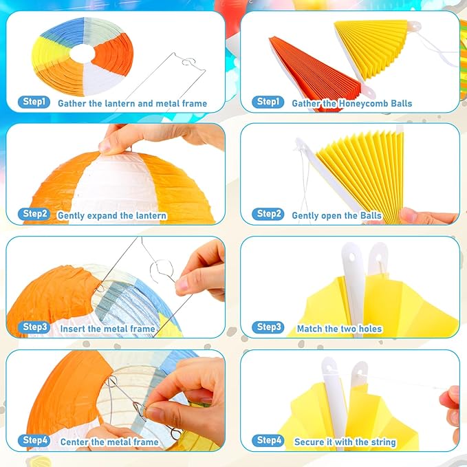 Retisee 18 Pcs Summer Beach Theme Party Decorations Beach Ball Paper Lanterns Fans Honeycomb Decorations Kit Summer Lanterns Fans Honeycomb for Pool Party Supplies