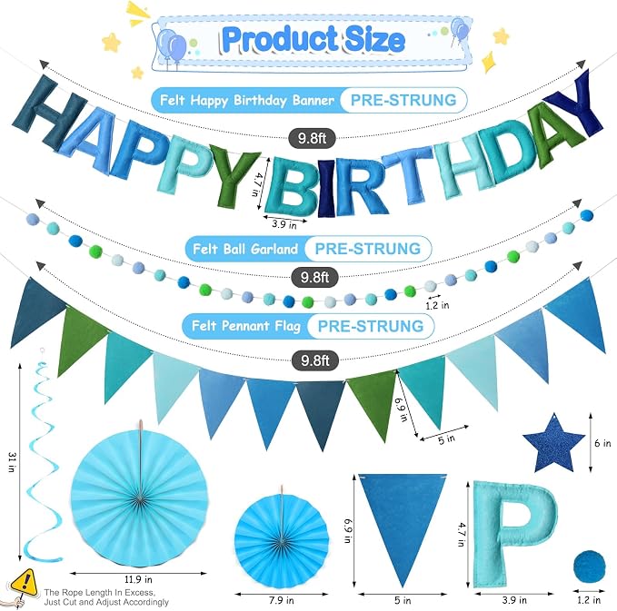 Pre-Strung Happy Birthday Banner, Reusable Felt Birthday Party Decorations, 3D Effect Happy Birthday Sign with Felt Ball Garland, Pennant Flag, Hanging Paper Fans for Men Women Boy Girls (Blue)