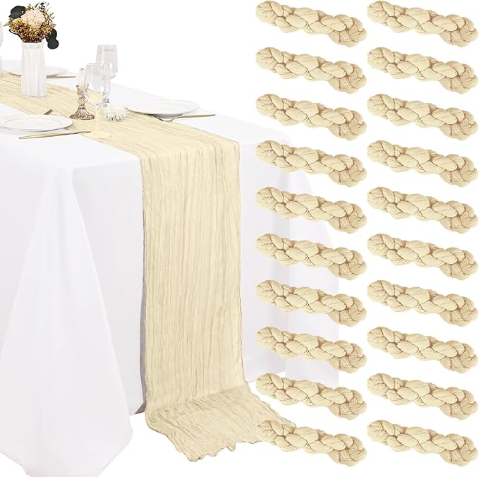 20 Pack Lvory Cheesecloth Table Runner 10FT Boho Gauze Fabric Cheese Cloth Table Runners for Wedding ,Party,Baby Shower, Bridal Party, Rustic Farmhouse and Table Decorations