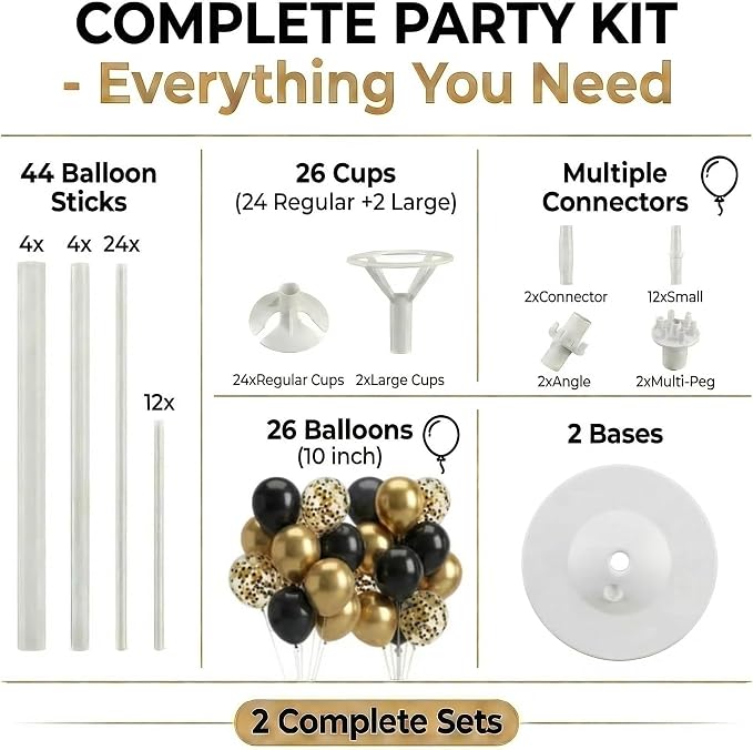 Balloon Column Stand Kit,2 Sets of Assorted Rainbow Balloon Tower Pillar with 10inch Bright Color baloon Reusable Design for Grirls Party,Birthday, Wedding,Baby Shower (Black Gold Confetti)