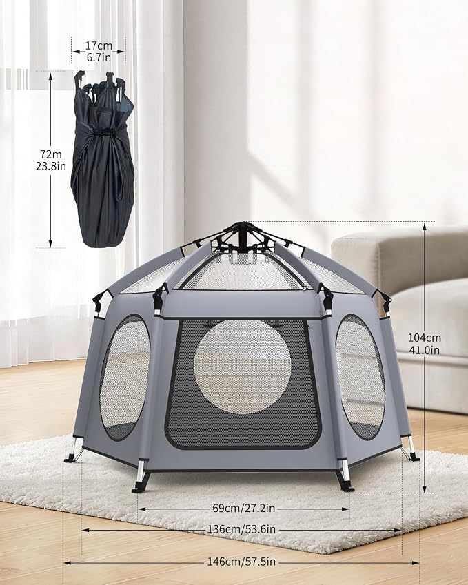 Pop Up Baby Play Pen with Auto-Lock & Aluminum Frame | Instant Setup Portable & Foldable Playpen with Carry Bag, Outdoor Baby Tent with Canopy for Beach, Backyard, Travel & Camping