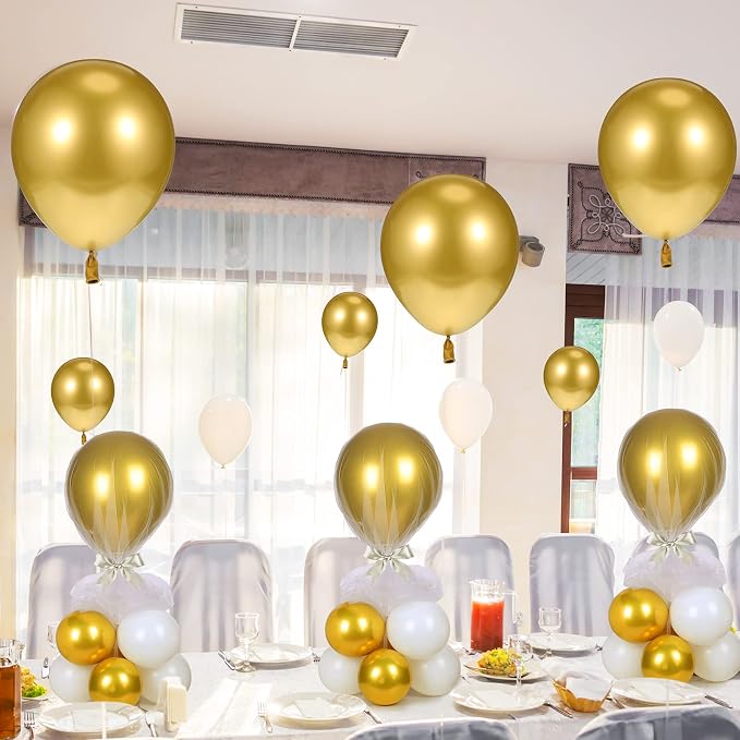 BBTO 8 Set Gold and White Table Centerpieces Balloons Stand Kit, Latex Balloons and Table Stand Holder with Base Tulle for Wedding Birthday Grad Prom Centerpieces Party Back to School Baby Shower