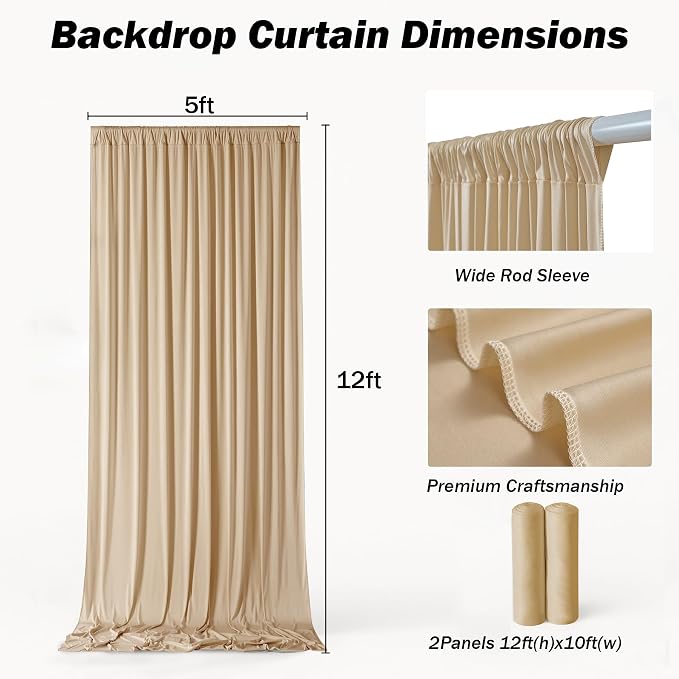 10ft×12ft Champagne Backdrop Curtain for Wedding Parties, 2 Panels Wrinkle Free Polyester Photo Backdrop Drapes Back Drop Cloth for Birthday Photography Background