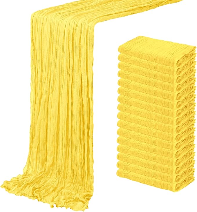 16 Pack Lemon Yellow Cheesecloth Table Runner 20 x 120 inch Gauze Table Runners 10 FT Long,Semi Sheer Boho Cheese Cloth Fabric Table Runner Bulk for Party,Wedding,Baby Shower,Bridal Shower Decoration