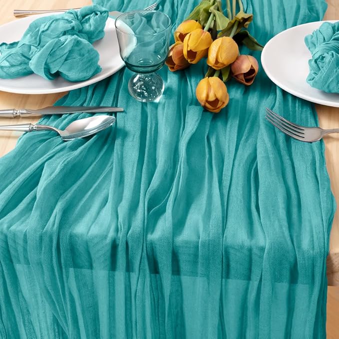 MLMC 3 Pack Teal Table Runner 10ft Spring Sheer Gauze Cheesecloth Table Runner Cheese Cloth Centerpiece Decororations 35x120 Inches for Easter Wedding Bridal Baby Shower Birthday Party Decor