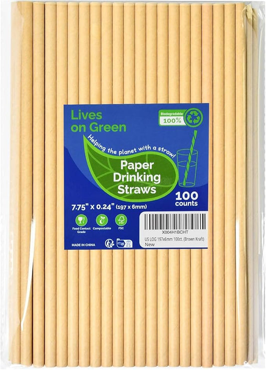 Brown Kraft Paper Straws for Drinking 7.75" x 0.24" - 100 Counts, for Bar, Restaurant, Food Supply, Catering