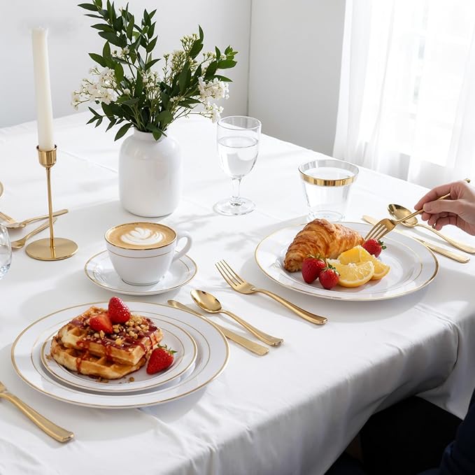 WDF 25Guest Gold Plastic Plates - Heavy Duty Plastic Plates Dinnerware - Include 25 Dinner Plate 25 Salad Plates 50 Forks 25 Knives 25 Spoons 25 Cups 25 Mini Forks for Wedding Birthday Valentine’s Day
