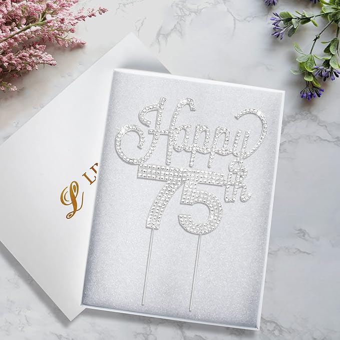 LINGTEER Happy 75th Birthday Silver Rhinestone Cake Topper - Cheers to 75th Birthday 75 Years Old Anniversary Party Cake Centerpieces Topper Decorations Gift Sign.