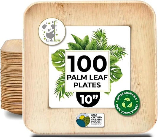Koala love Palm Leaf Plates Bamboo Disposable Square 10 inch 100 Bulk Party Pack Elegant Sturdy Design Better Than Paper and Plastic Plate (KoalaLove -PLP-10IN-100-Plates)