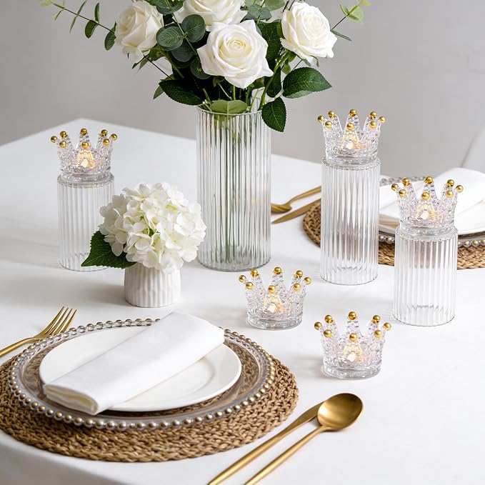Rubtlamp 12 Pack Clear Gold Crown Candle Holder, Glass Tealight Candle Holder, Crystal Votive Candle Stand with Gold Tips for Dining Table Centerpiece, Wedding,Party,Dinner, Home Table Decor