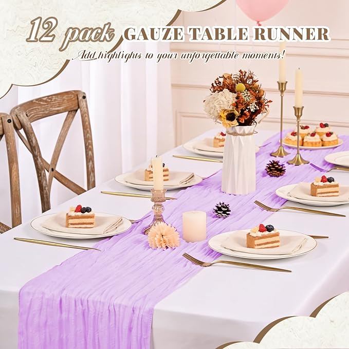 12 Pack Cheesecloth Table Runner,Light Purple Table Runner Long Romantic Semi Sheer Rustic Boho Gauze Table Runners for Wedding Bridal Shower Birthday Party Decorations(17.7×108 Inch)