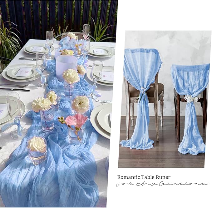 10 Pack Light Blue Cheesecloth Table Runner 17x108 Inch Semi Sheer Boho Gauze Cheese Cloth Table Runners, for Wedding Bridal Shower Birthday Party Home Decor Garden Farmhouse