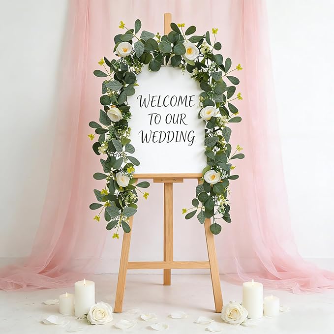 ASTRYAS 2 Pack 6.23Ft Artificial Eucalyptus Garland with Flowers, Fake Rose Garland Greenery Garlands Floral Vines for Wedding Spring Home Party Craft Art Table Runner Decor(White)