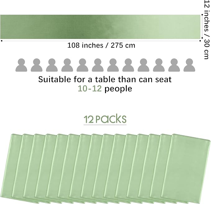 Aneco 12 Pack Satin Table Runner 12 x 108 Inch Sage Green Long Wedding Satin Silk Spring Table Runner for Wedding Banquet Graduations Birthday Party Decoration