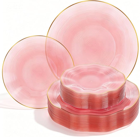 120PCS Pink Plastic Plates with Gold Rim, Heavy Duty Disposable Plates, Elegant and Fancy 60 Dinner and 60 Dessert Plates for Mother's Day, Party and Wedding