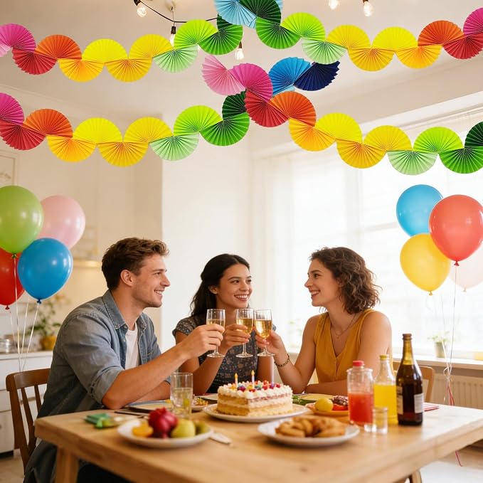 Rainbow Paper Fan Garland - Set of 4 Reusable Party Decorations for Birthday, Baby Shower, Bachelorette, Wedding, 1.6m Each, Easy Hang Backdrop Decor (4 Pack)