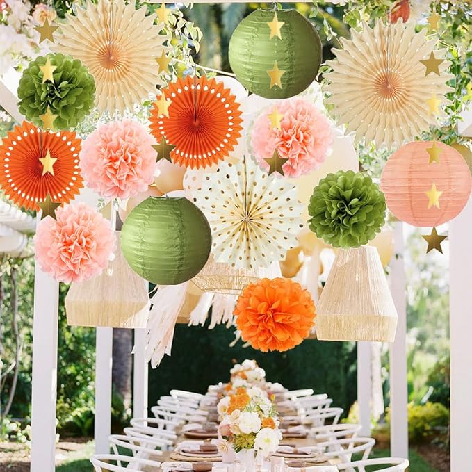 Olive Green and Orange Party Decorations Olive Birthday Party Decorations Peach and Orange Poms Lanterns Beige Fans Decor for Green and Peach Baby Shower Bridal Shower Rustic Wedding Party