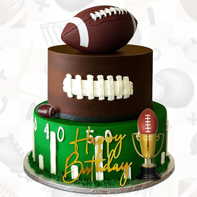 VioraWhite Large Football Cake Toppers 8pcs Include 5 Balls of Different Sizes 2 Trophies and 1 Happy Birthday Sign for Cake Decoration Sport Theme Party Ceremony