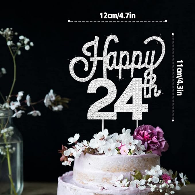 LINGTEER Happy 24th Birthday Silver Rhinestone Cake Topper - Cheers to 24th Birthday 24 Years Old Party Cake Centerpieces Topper Decorations Gift Sign.