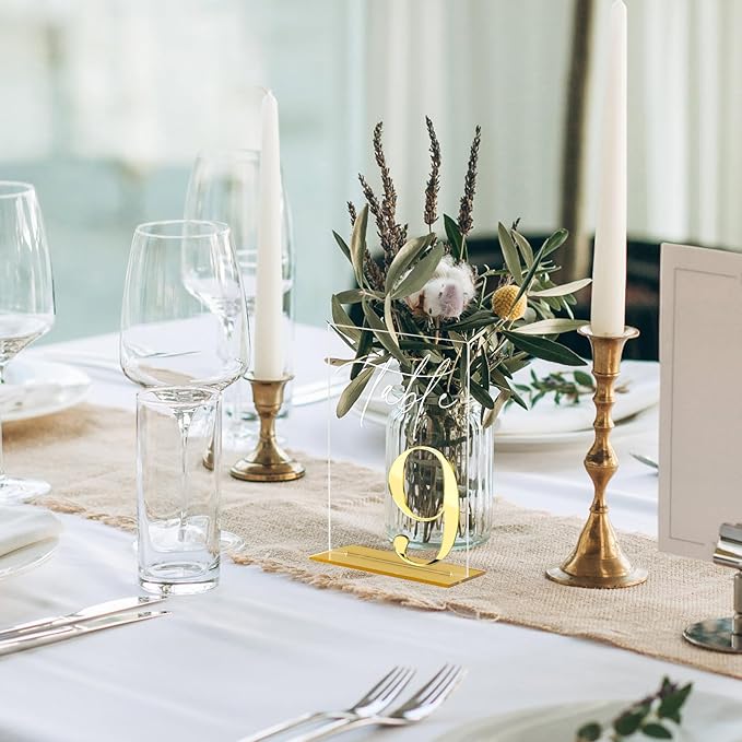 Acrylic Wedding Table Numbers 1-10 with Stands, 5"x7" Clear Acrylic Signs with 3D Gold Mirror Numbers, Clear and Gold 3D Table Numbers for Wedding Reception, Anniversary, Event
